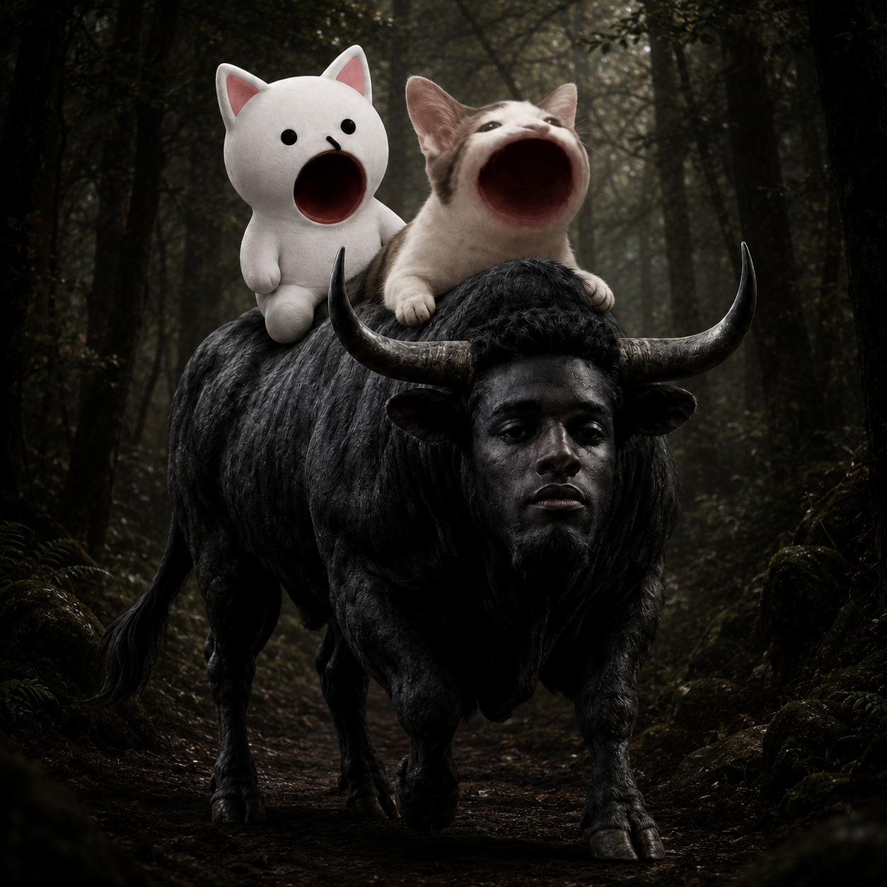 POPMAN and POPMOG riding a bull through a dark forest