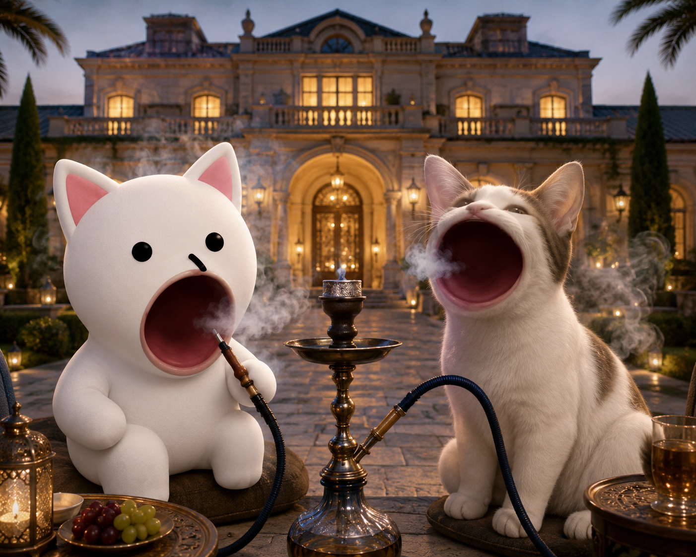POPMAN and POPMOG smoking hookah at a mansion