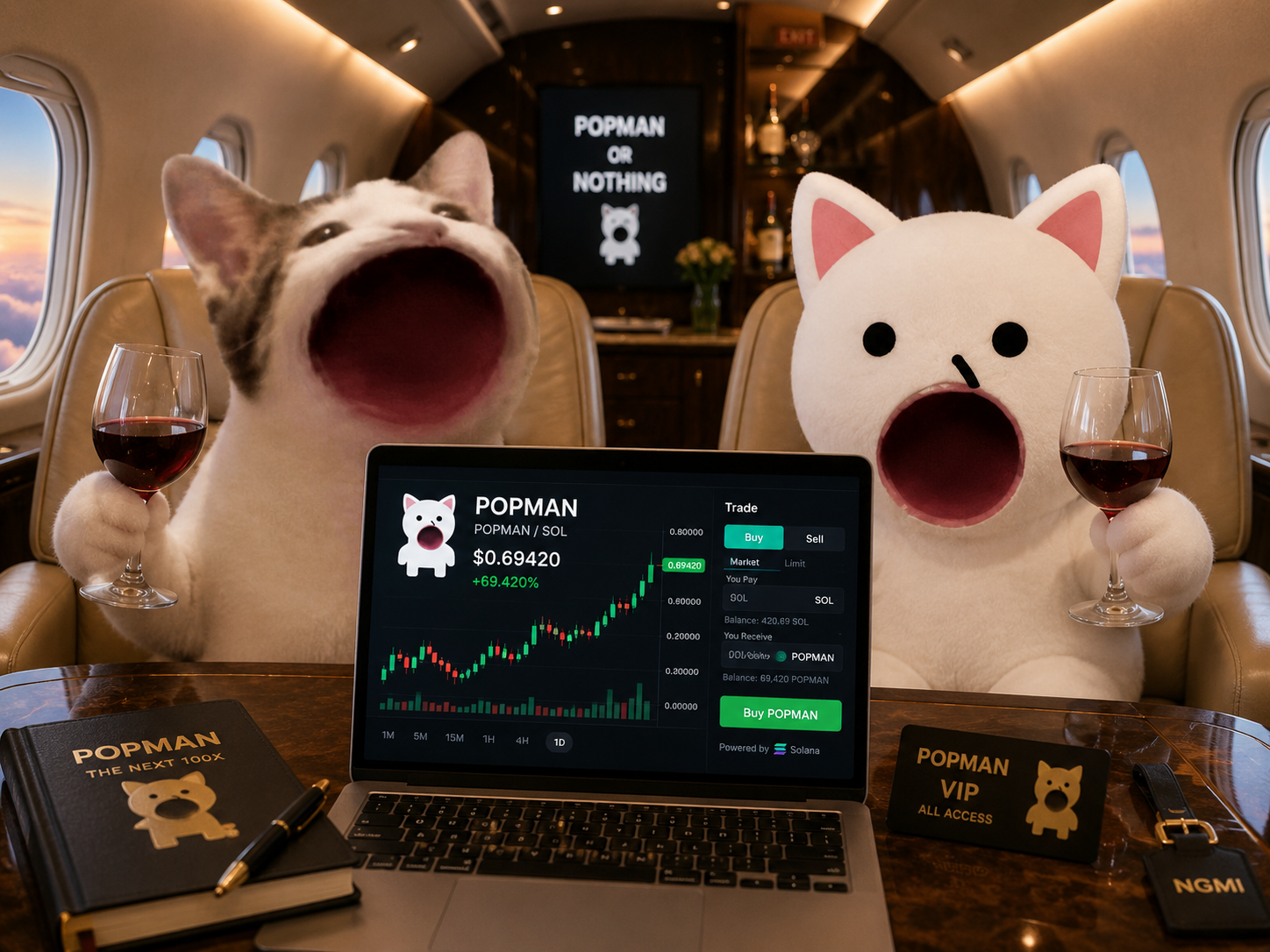 POPMAN and POPMOG on a private jet watching the chart