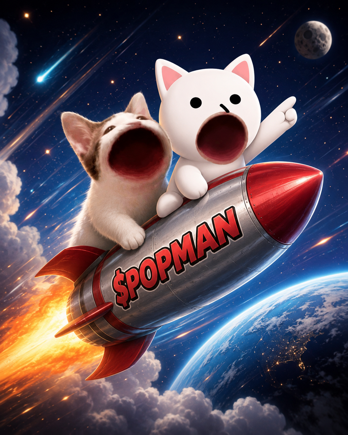 POPMAN and POPMOG flying a $POPMAN rocket to the moon